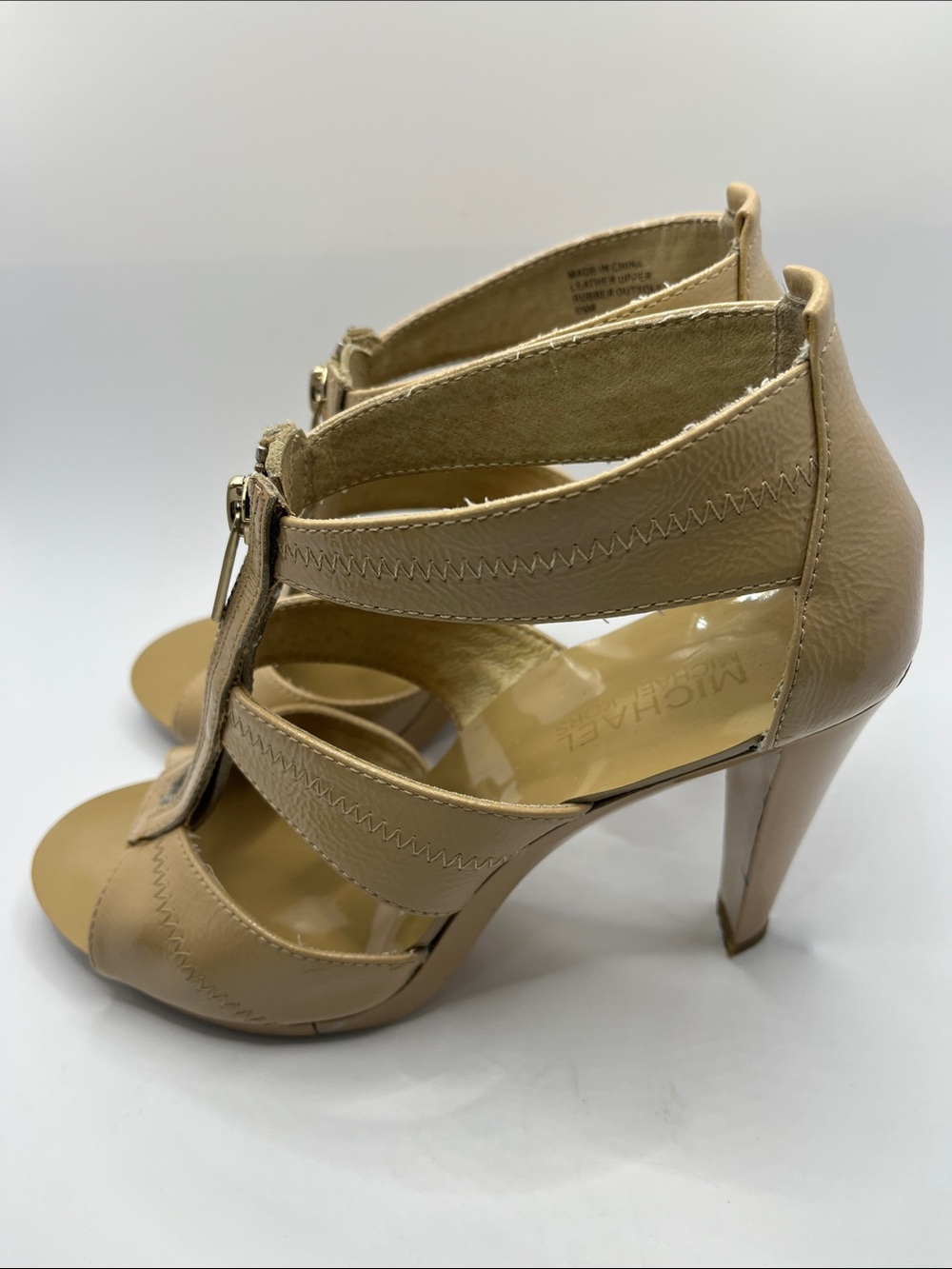 Neutral Tan Zip-Front Strappy Heels for Women - Picture 3 of 8